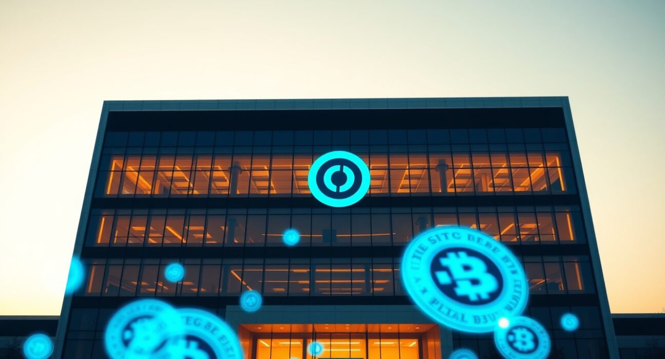 Exterior view of a modern financial building representing the USDC Treasury at dusk with digital coin overlays.