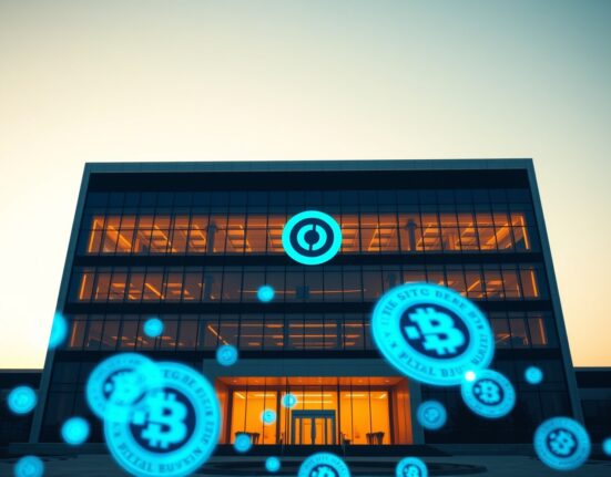Exterior view of a modern financial building representing the USDC Treasury at dusk with digital coin overlays.