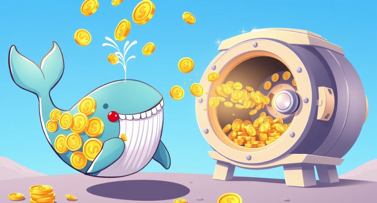 Whale pouring gold coins representing 250 million USDC minted into digital vault