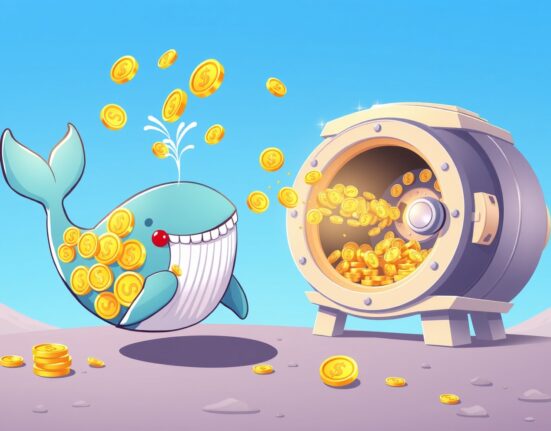 A vibrant cartoon of a digital whale creating new USDC stablecoins, symbolizing major liquidity minting.