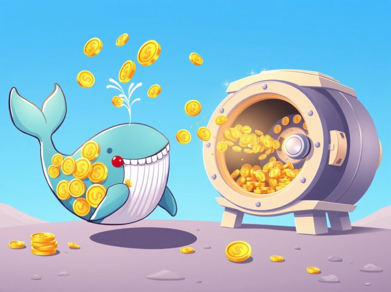 A vibrant cartoon of a digital whale creating new USDC stablecoins, symbolizing major liquidity minting.