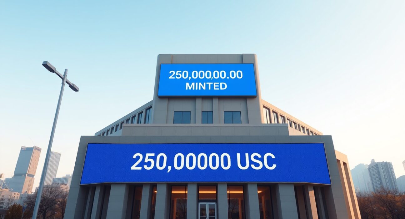USDC Treasury building with 250 million USDC minted on digital display, representing stablecoin supply increase and crypto market liquidity.