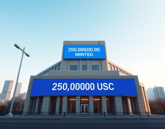 USDC Treasury building with 250 million USDC minted on digital display, representing stablecoin supply increase and crypto market liquidity.