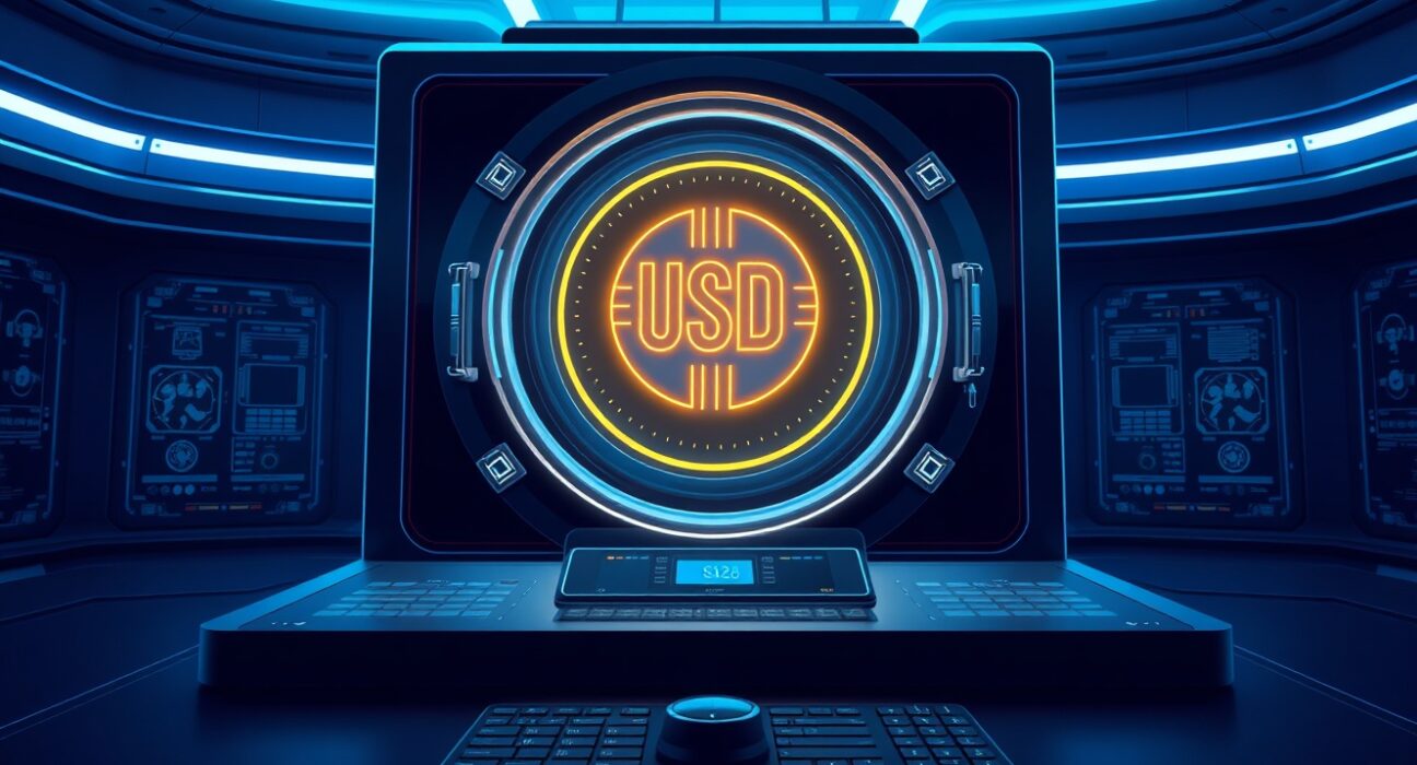 A holographic USDC coin symbol floating above a digital treasury vault, representing the 250 million USDC minted event.