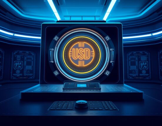 A holographic USDC coin symbol floating above a digital treasury vault, representing the 250 million USDC minted event.