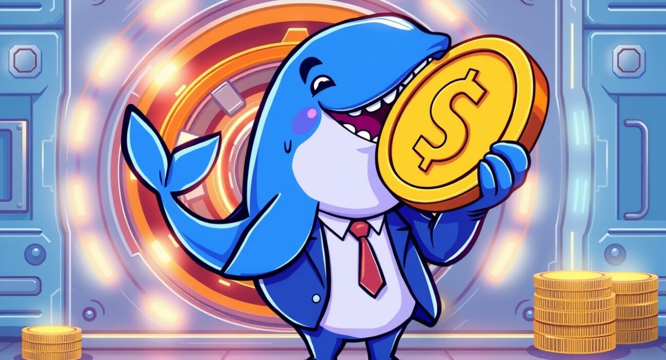 Cartoon illustration of a whale and a vault representing 250 million USDC minted at the treasury.