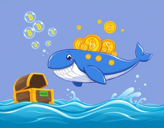 A cartoon whale made of USDC coins swimming from a treasury, symbolizing a large stablecoin minting event.