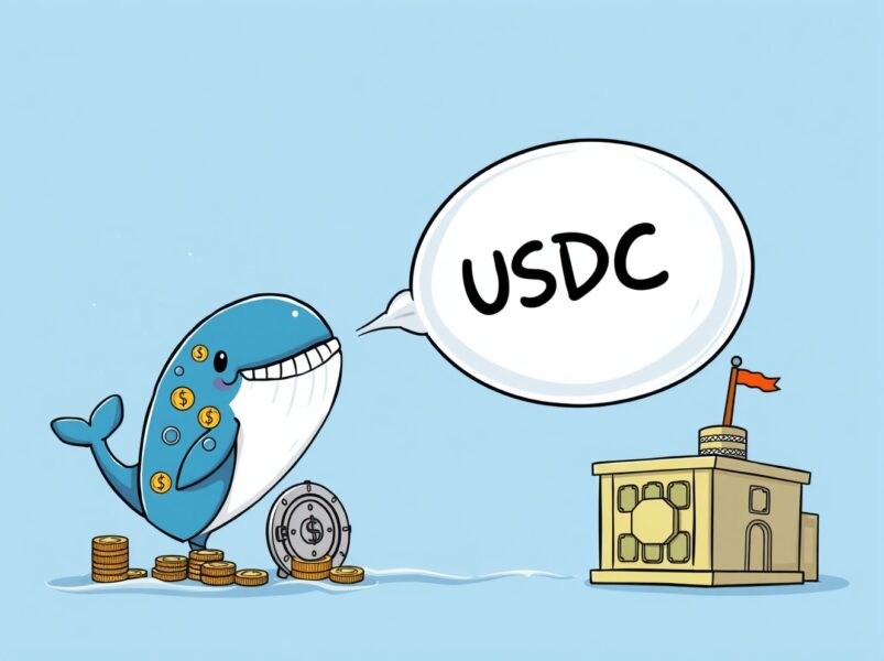 Cartoon illustration of a whale stacking USDC coins in a treasury, representing a massive stablecoin mint.