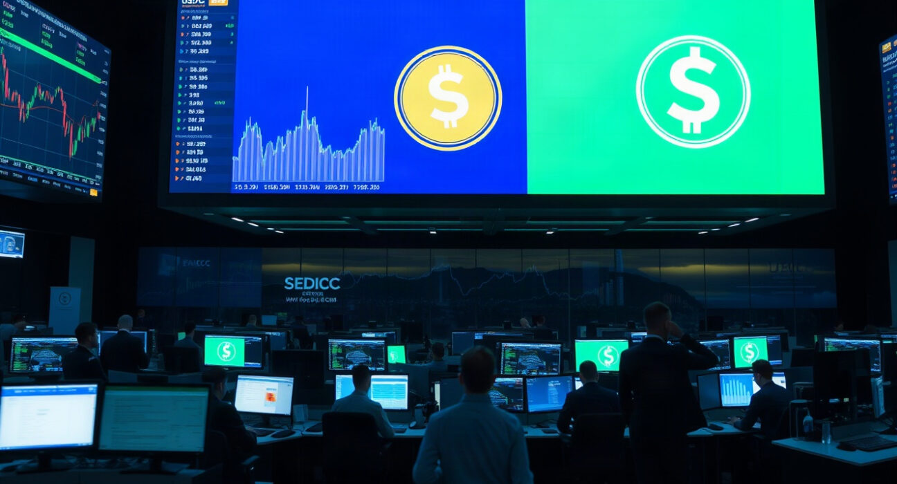 Trading floor with screens showing USDC and crypto charts