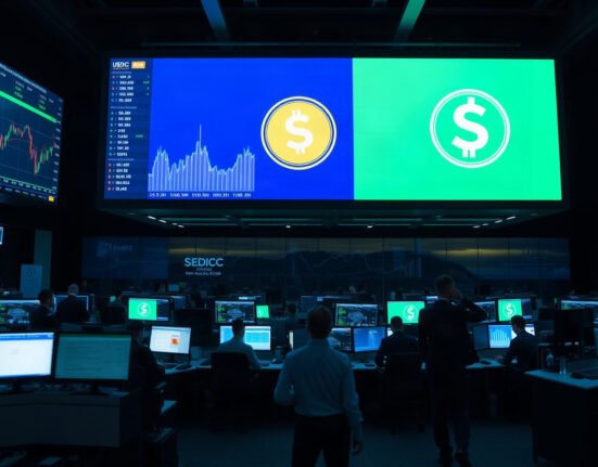 Trading floor with screens showing USDC and crypto charts
