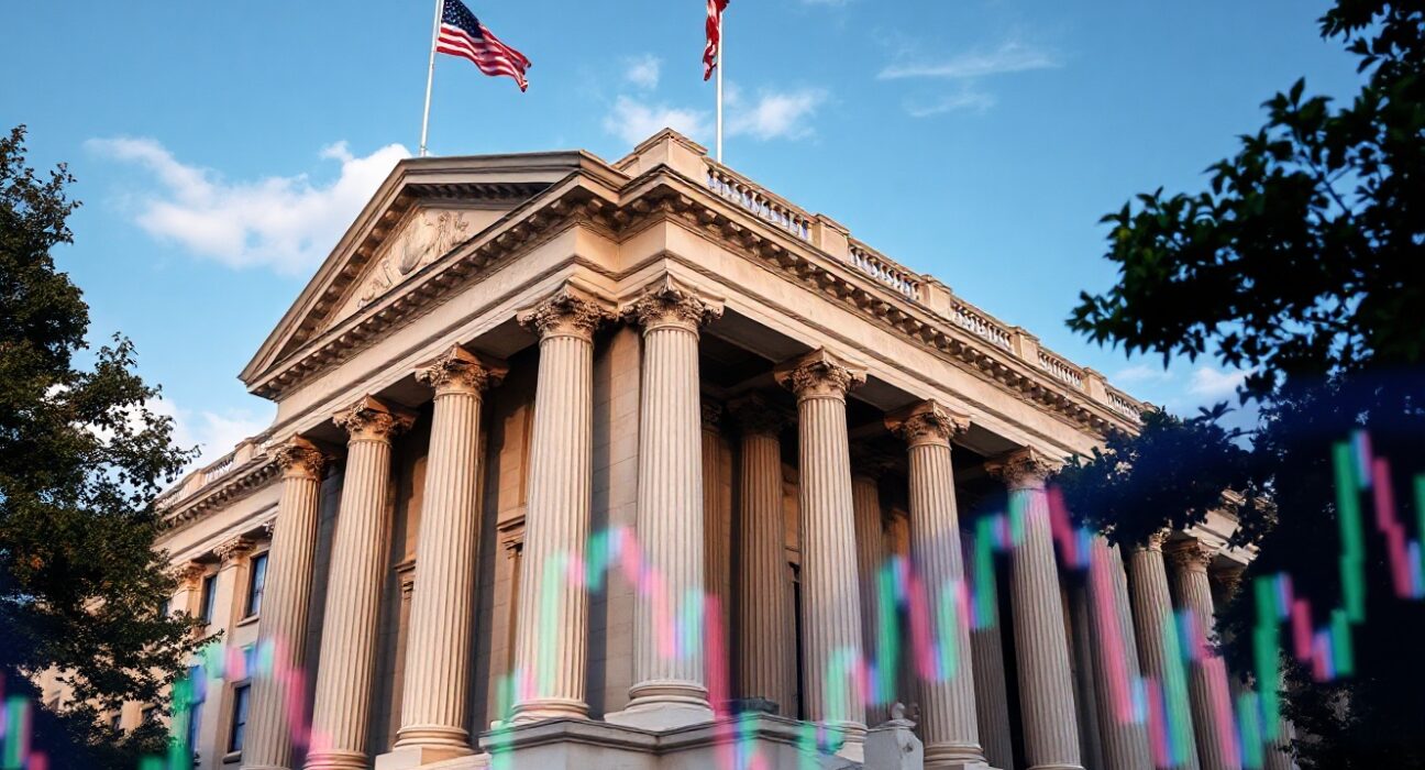 U.S. Treasury building in Washington, D.C., with financial market indicators in the foreground.