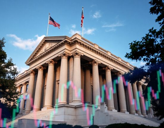 U.S. Treasury building in Washington, D.C., with financial market indicators in the foreground.