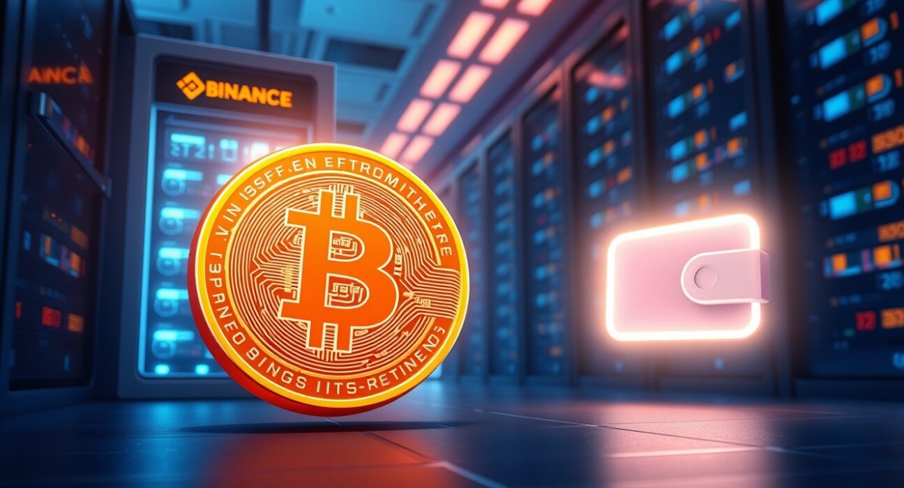 A photorealistic illustration of a 400 BTC transfer from Binance to a new wallet, representing a major Bitcoin whale transaction.