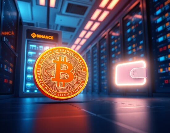 A photorealistic illustration of a 400 BTC transfer from Binance to a new wallet, representing a major Bitcoin whale transaction.