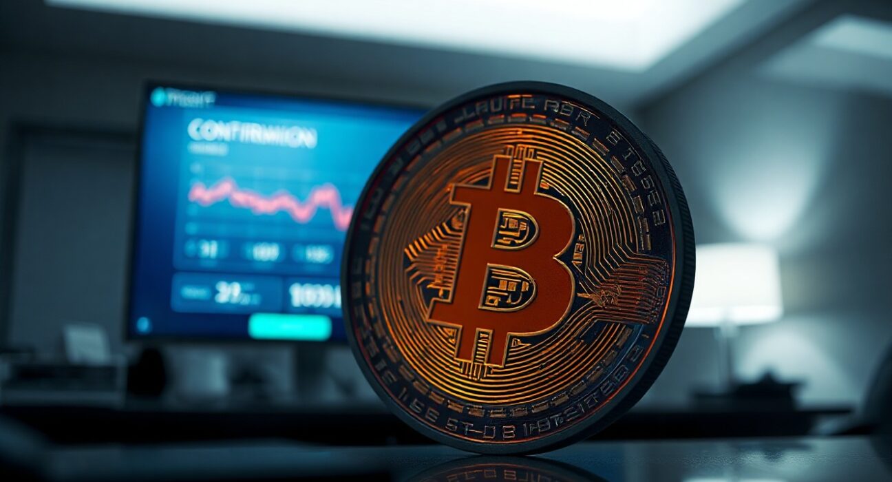 Bitcoin coin in foreground with a digital transaction confirmation screen in the background in a professional office setting.