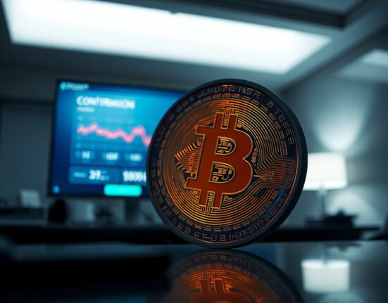 Bitcoin coin in foreground with a digital transaction confirmation screen in the background in a professional office setting.