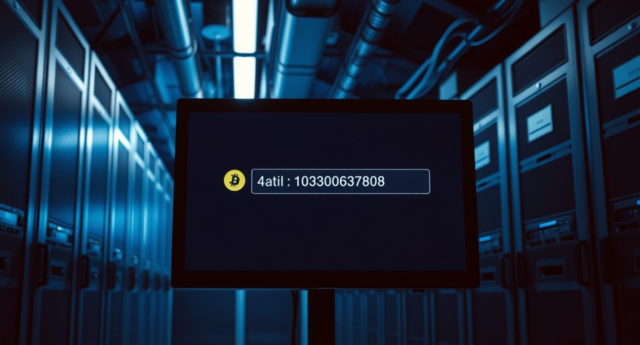 Server room with monitor displaying a Bitcoin transaction, representing dormant cryptocurrency movement linked to an Irish drug dealer.