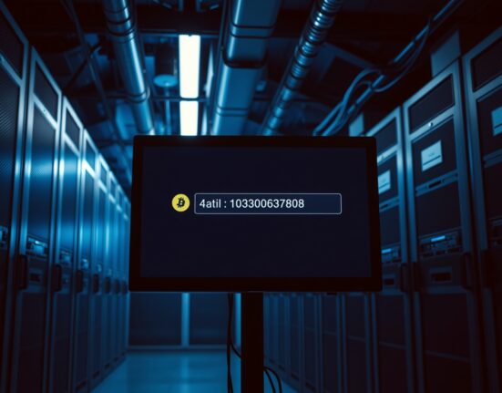 Server room with monitor displaying a Bitcoin transaction, representing dormant cryptocurrency movement linked to an Irish drug dealer.