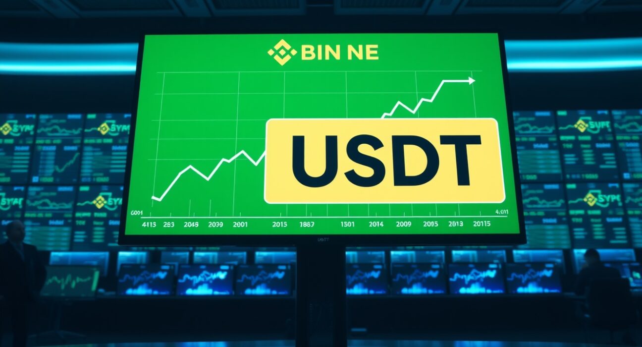 Digital screen showing a large USDT transaction notification on a trading floor with Binance interface in the background.
