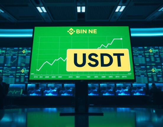 Digital screen showing a large USDT transaction notification on a trading floor with Binance interface in the background.