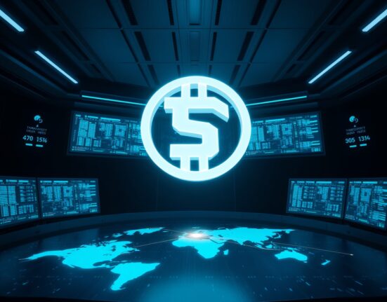 Digital USDT token symbol over a blockchain network visualization in a dark control room.