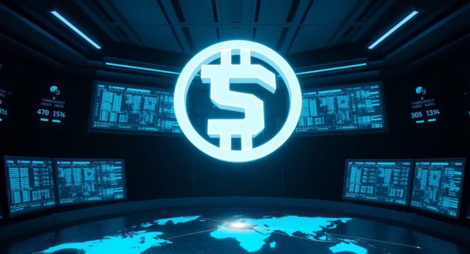 Digital USDT token symbol over a blockchain network visualization in a dark control room.