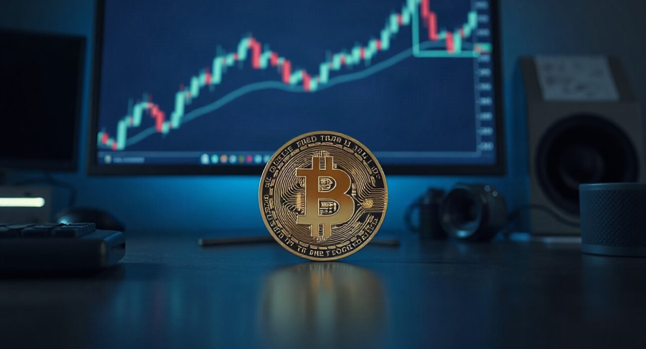 Bitcoin coin on a trading desk with a monitor showing charts, representing a large transfer to Coinbase Institutional.