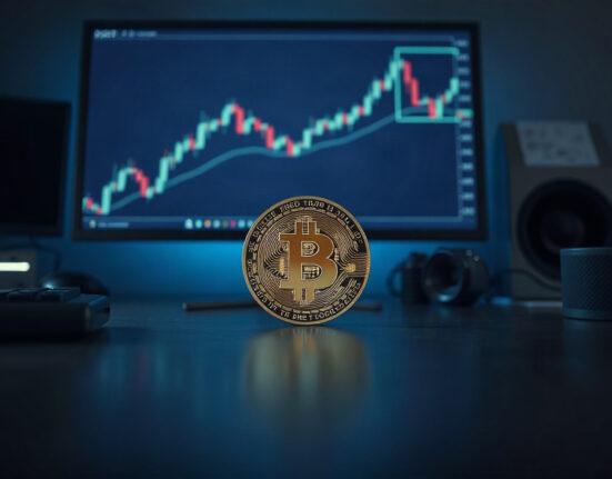Bitcoin coin on a trading desk with a monitor showing charts, representing a large transfer to Coinbase Institutional.