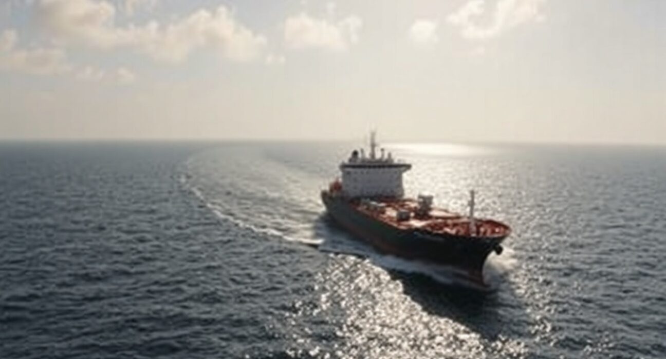Oil tanker navigating the Strait of Hormuz under clear daylight, representing the shipping route affected by the proposed 60-day deal.