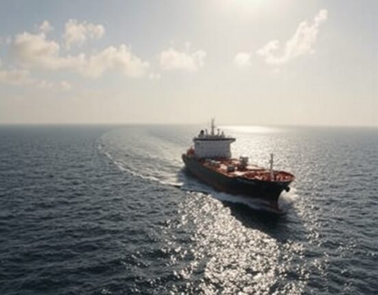 Oil tanker navigating the Strait of Hormuz under clear daylight, representing the shipping route affected by the proposed 60-day deal.