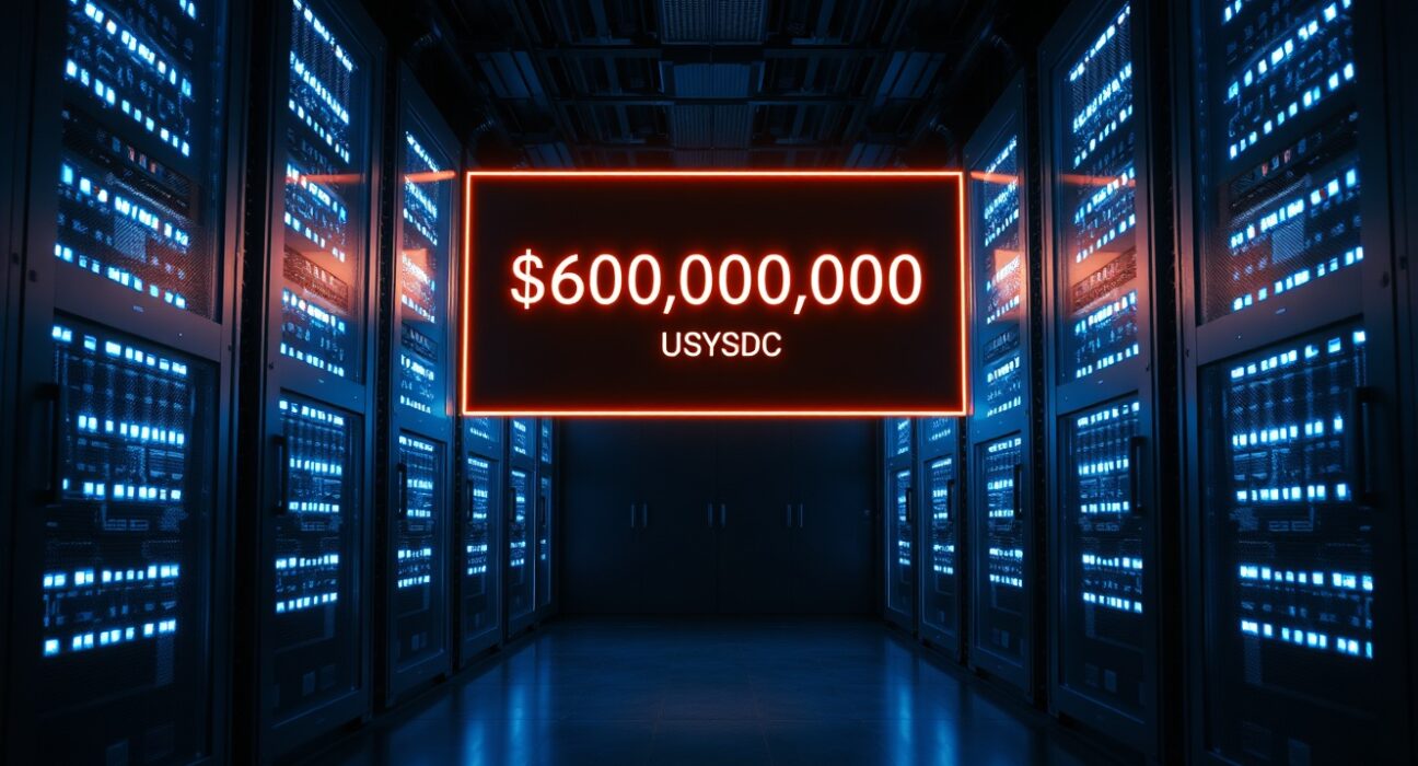A digital screen displaying a $600 million USDC transaction confirmation in a cryptocurrency data center.