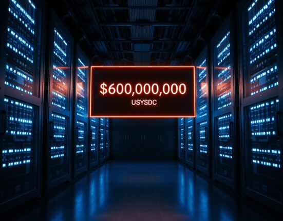 A digital screen displaying a $600 million USDC transaction confirmation in a cryptocurrency data center.