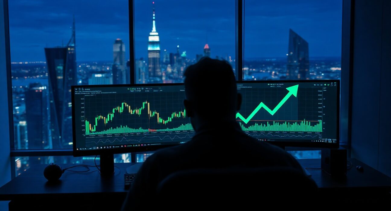 Ethereum trading charts on monitors in a dark trading room with a silhouette of a trader.
