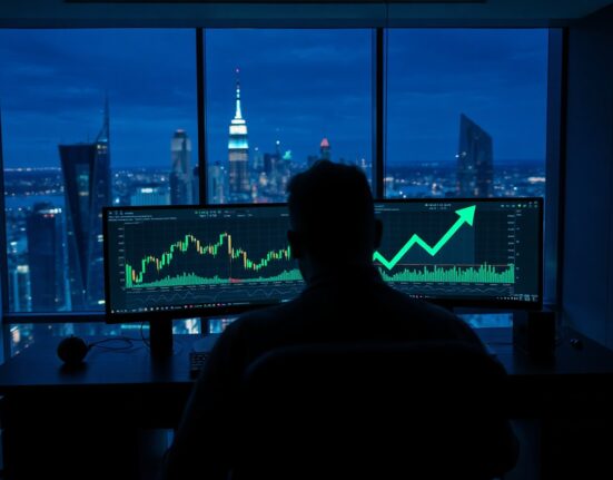 Ethereum trading charts on monitors in a dark trading room with a silhouette of a trader.