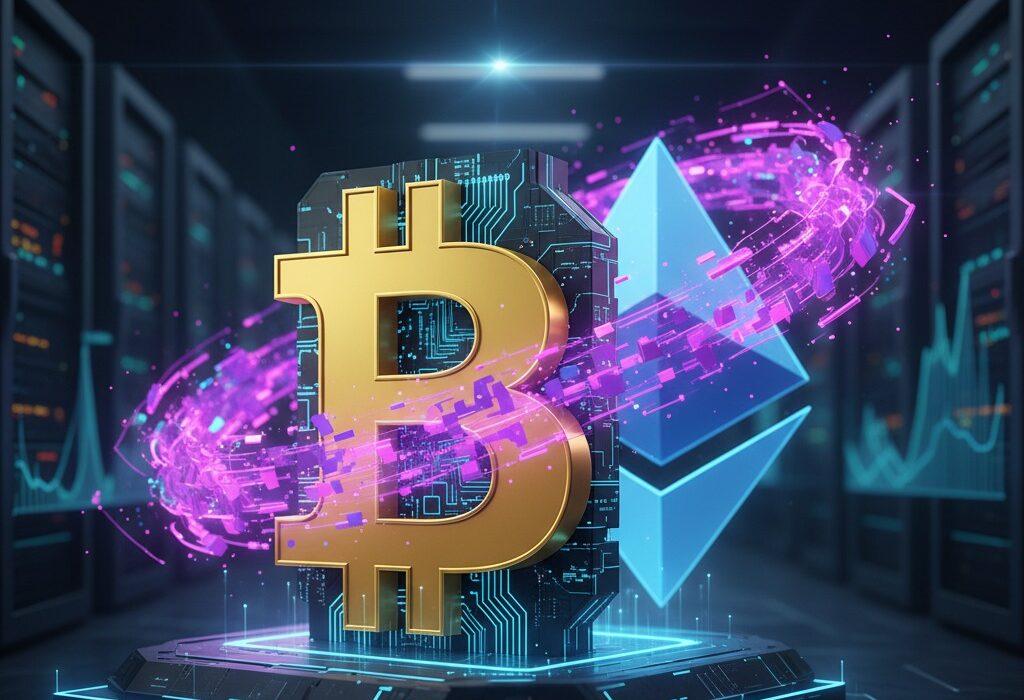 A golden Bitcoin symbol and a blue Ethereum symbol with glowing digital effects in a data center, under the headline "Bitcoin's Institutional Backbone Strengthens Despite Rotation to Ether."