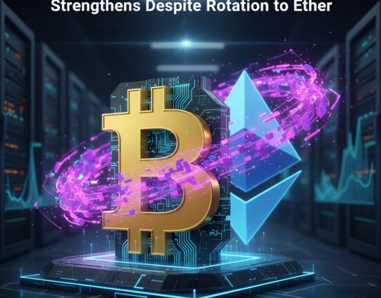 A golden Bitcoin symbol and a blue Ethereum symbol with glowing digital effects in a data center, under the headline "Bitcoin's Institutional Backbone Strengthens Despite Rotation to Ether."