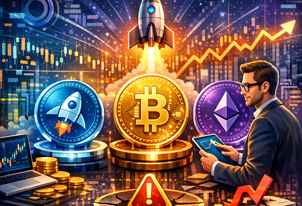 Illustration showing top crypto presale opportunities in 2026 with Bitcoin, Ethereum, rising charts, investment risks, and expert market analysis.