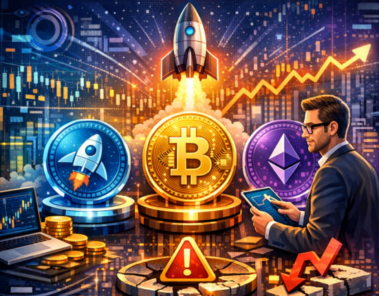 Illustration showing top crypto presale opportunities in 2026 with Bitcoin, Ethereum, rising charts, investment risks, and expert market analysis.