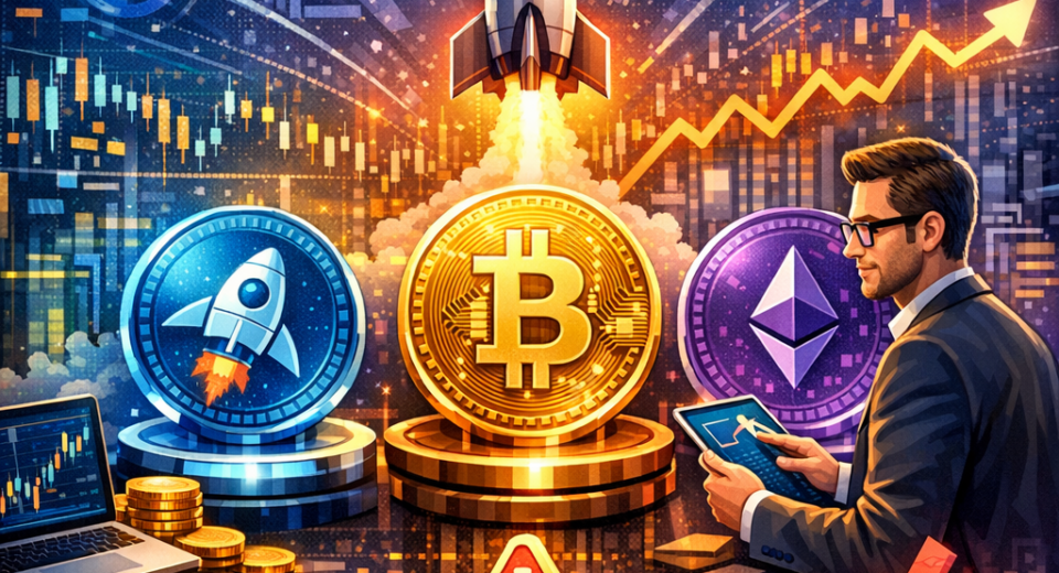 Illustration showing top crypto presale opportunities in 2026 with Bitcoin, Ethereum, rising charts, investment risks, and expert market analysis.