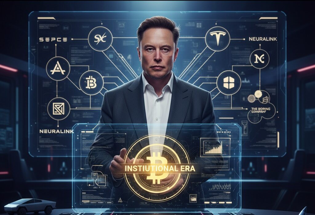 Elon Musk standing in front of a holographic display with logos of his companies and a glowing Bitcoin symbol labeled "INSTITUTIONAL ERA," under a headline about his role in Bitcoin's institutional adoption.