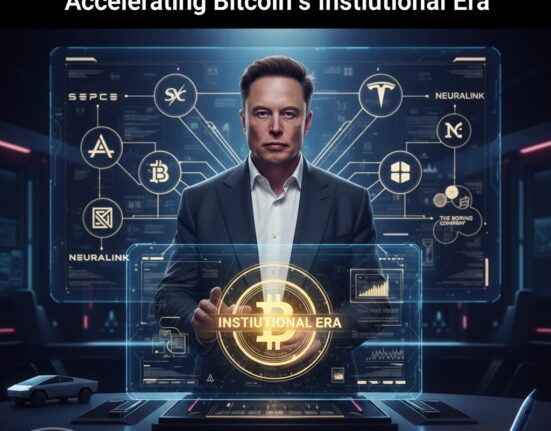 Elon Musk standing in front of a holographic display with logos of his companies and a glowing Bitcoin symbol labeled "INSTITUTIONAL ERA," under a headline about his role in Bitcoin's institutional adoption.