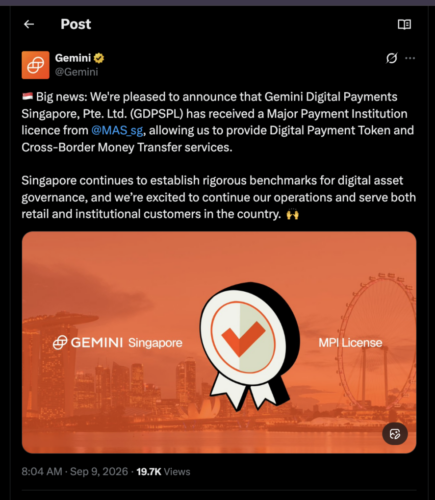Gemini's Singapore unit now holds a full Major Payment Institution (MPI) licence