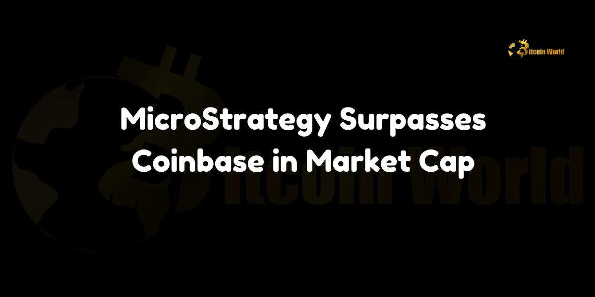 MicroStrategy surpasses Coinbase in market capitalization, reaching $49.54 billion and overtaking Coinbase's $44.87 billion valuation.