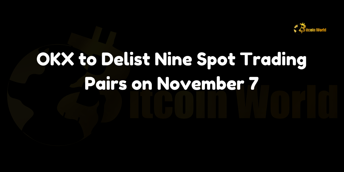 OKX to delist nine spot trading pairs on November 7, including VELA, KAN, WSM, BORING, CEEK, and AVIVE paired with USDT and USDC