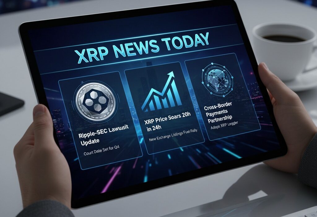 "XRP NEWS TODAY" with headlines about the Ripple-SEC lawsuit, XRP price surge, and cross-border payments.