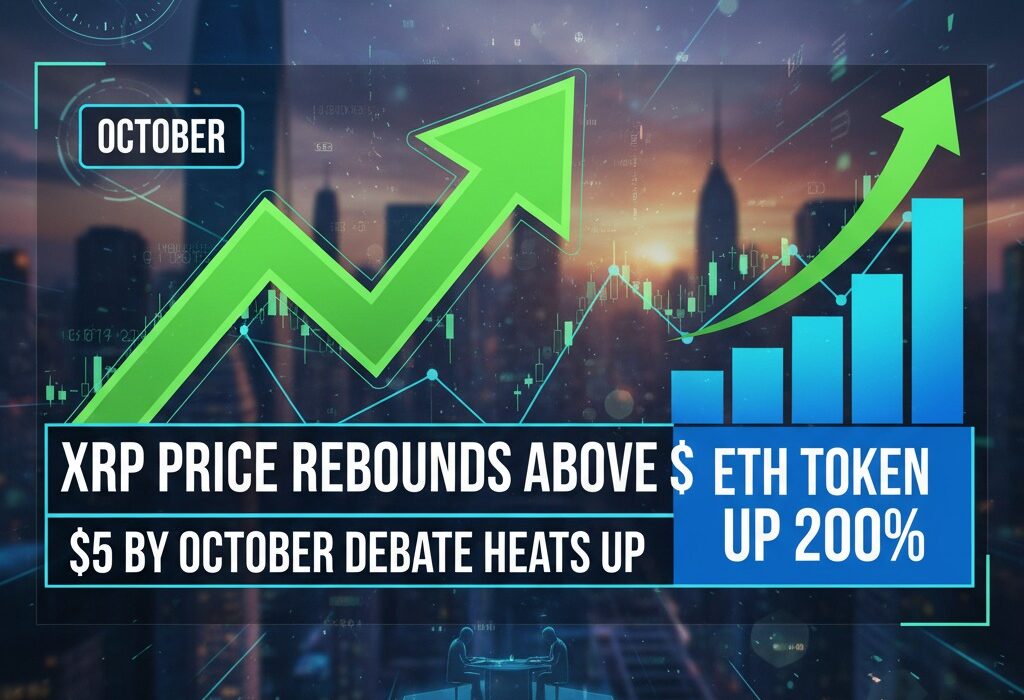 A digital graphic showing a large green upward arrow and a blue bar chart indicating growth over a city skyline at sunset. Text overlays read "OCTOBER," "XRP PRICE REBOUNDS ABOVE $5 BY OCTOBER DEBATE HEATS UP," and "ETH TOKEN UP 200%." In the foreground, two figures sit at a futuristic table.
