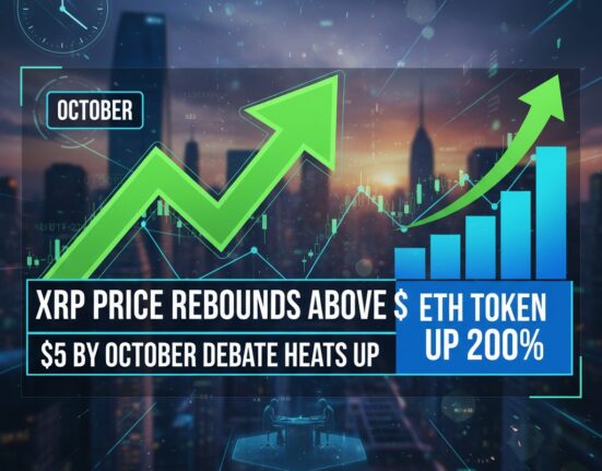 A digital graphic showing a large green upward arrow and a blue bar chart indicating growth over a city skyline at sunset. Text overlays read "OCTOBER," "XRP PRICE REBOUNDS ABOVE $5 BY OCTOBER DEBATE HEATS UP," and "ETH TOKEN UP 200%." In the foreground, two figures sit at a futuristic table.