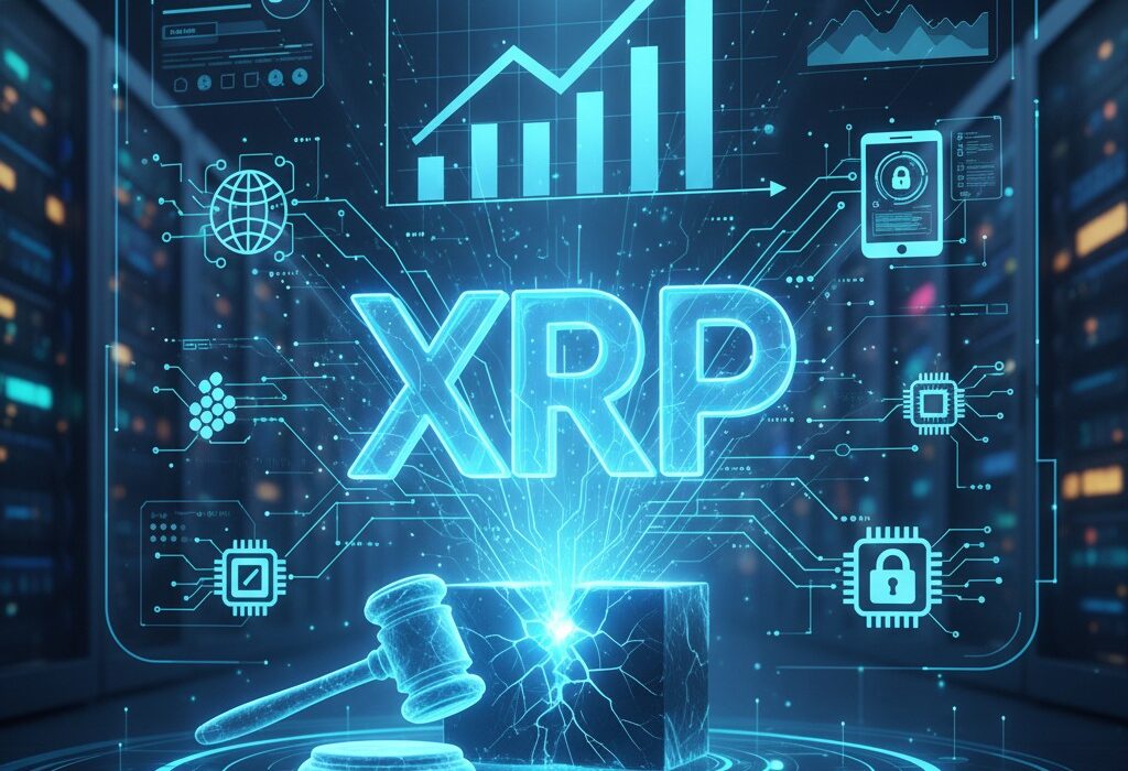 A holographic display shows "XRP" emerging from a cracked box next to a gavel, surrounded by circuit patterns, data icons, and an upward trending graph for 2025, with text "UTILITY IN FOCUS" and "PRICE FOCUS."