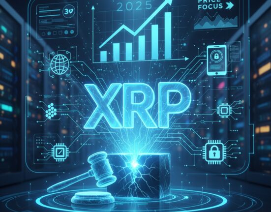 A holographic display shows "XRP" emerging from a cracked box next to a gavel, surrounded by circuit patterns, data icons, and an upward trending graph for 2025, with text "UTILITY IN FOCUS" and "PRICE FOCUS."