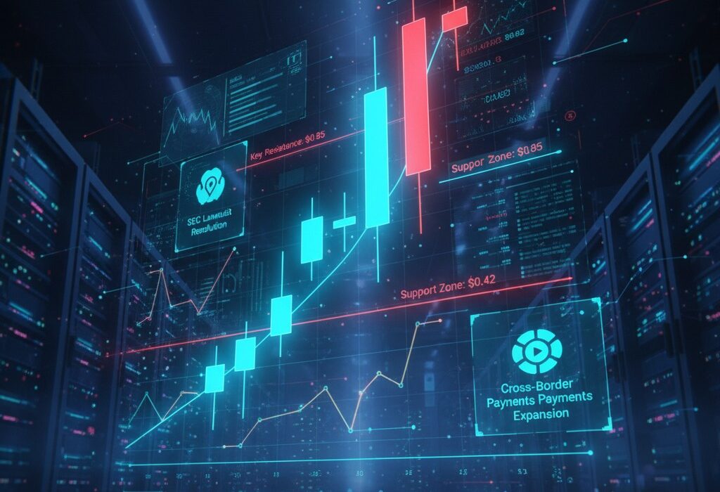 A holographic display featuring a candlestick chart for XRP with key resistance and support levels, alongside icons for SEC lawsuit resolution and cross-border payments expansion, all set within a data center.